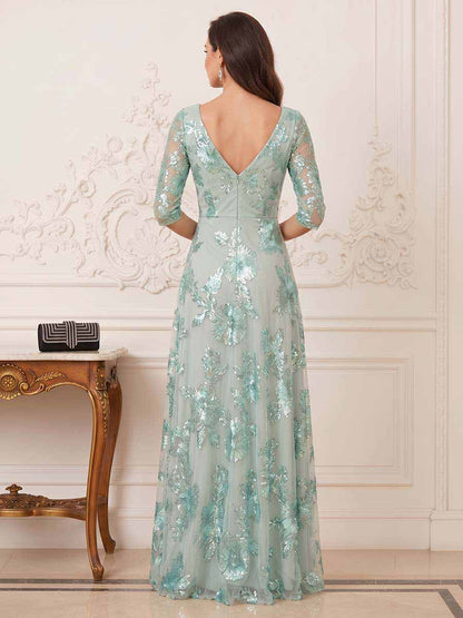 Robe Mère de la Mariée Coupe A-Ligne/Princesse Col en V à Demi-manches Longueur Sol avec Dentelle et Appliques