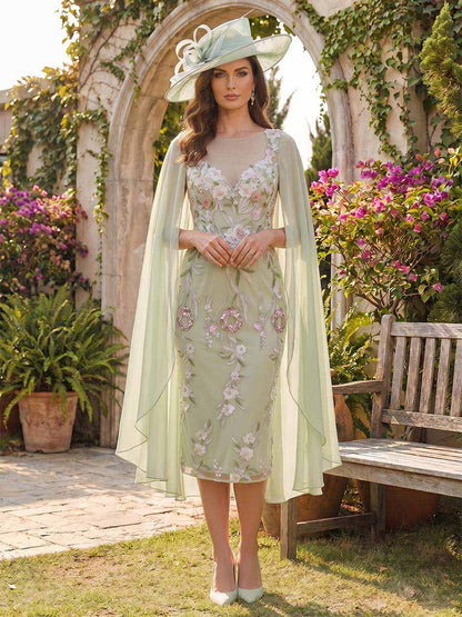 Robe Mère de la Mariée Fourreau Col Rond Sans Manches Longueur Genou avec Cape et Appliques