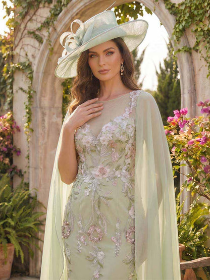 Robe Mère de la Mariée Fourreau Col Rond Sans Manches Longueur Genou avec Cape et Appliques