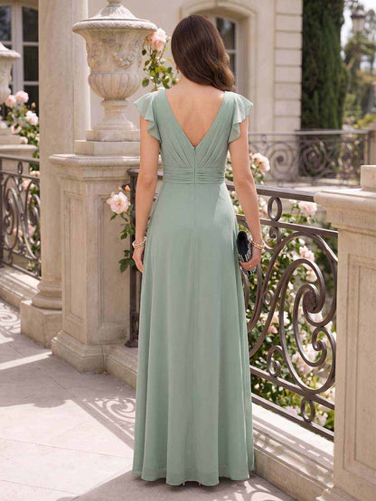 Robe Mère de la Mariée Coupe A-Ligne/Princesse Col en V à Manches Courtes Longueur Sol avec Volants