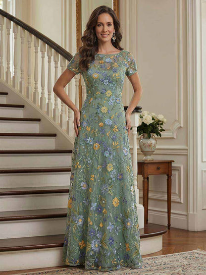Robe Mère de la Mariée Coupe A-Ligne/Princesse Col Rond à Manches Courtes Longueur Sol avec Broderie