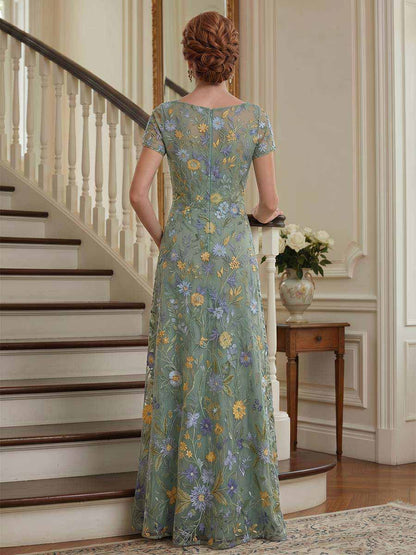 Robe Mère de la Mariée Coupe A-Ligne/Princesse Col Rond à Manches Courtes Longueur Sol avec Broderie