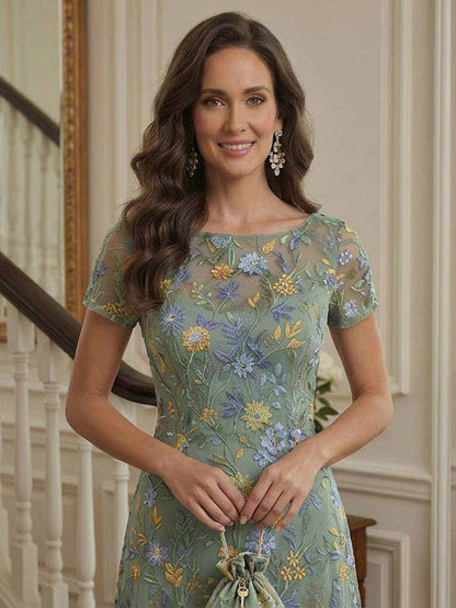 Robe Mère de la Mariée Coupe A-Ligne/Princesse Col Rond à Manches Courtes Longueur Sol avec Broderie
