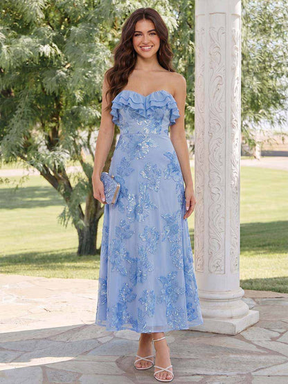 Robe d'Invité de Mariage A-Ligne Bustier Longueur Cheville avec Volants et Appliques