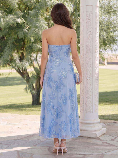 Robe d'Invité de Mariage A-Ligne Bustier Longueur Cheville avec Volants et Appliques
