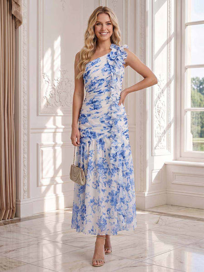 Robe d'Invité de Mariage A-Ligne Asymétrique Sans Manches Longueur Cheville avec Volants