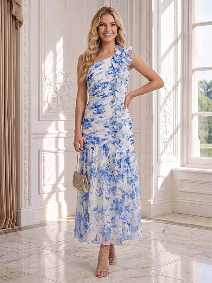 Robe d'Invité de Mariage A-Ligne Asymétrique Sans Manches Longueur Cheville avec Volants