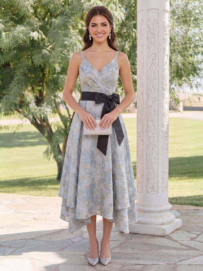 Robe d'Invité de Mariage A-Ligne Asymétrique Col en V Sans Manches avec Nœud