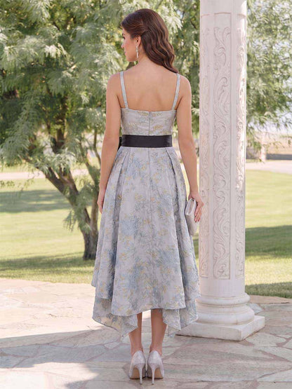 Robe d'Invité de Mariage A-Ligne Asymétrique Col en V Sans Manches avec Nœud