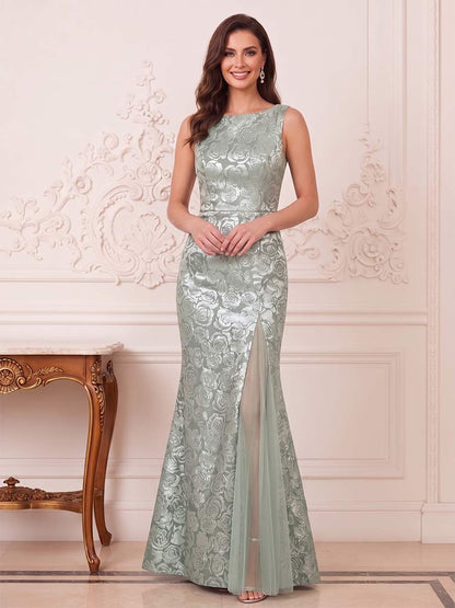 Trompette/Sirène Col Bateau Sans Manches Longueur du sol Robes Mère de la Mariée avec Dentelle & Côté Divisé