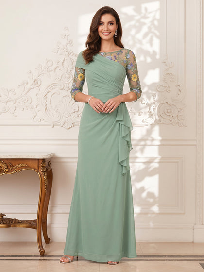 Gaine/Colonne Scoop 3/4 Manches Longueur du sol Robes Mère de la Mariée avec Appliqué & Volants