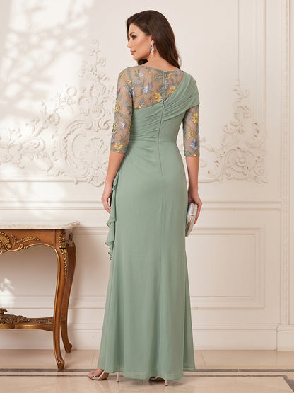 Gaine/Colonne Scoop 3/4 Manches Longueur du sol Robes Mère de la Mariée avec Appliqué & Volants