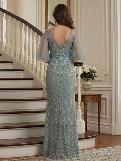 Trompette/Sirène Col en V Demi-manches Longueur du sol Robes Mère de la Mariée avec Appliqué & Côté Divisé