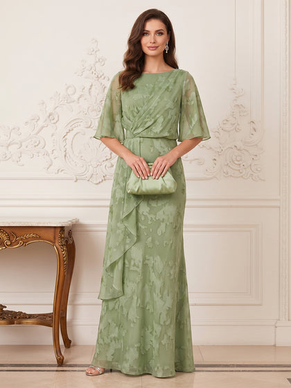 Robe Mère de la Mariée Coupe A-Ligne/Princesse Col Rond à Demi-manches Longueur Sol avec Volants