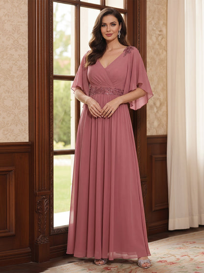 Ligne A/Princesse Col en V Demi-manches Longueur du sol Robes Mère de la Mariée avec Volants & Appliques