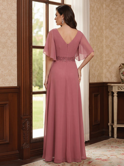 Ligne A/Princesse Col en V Demi-manches Longueur du sol Robes Mère de la Mariée avec Volants & Appliques
