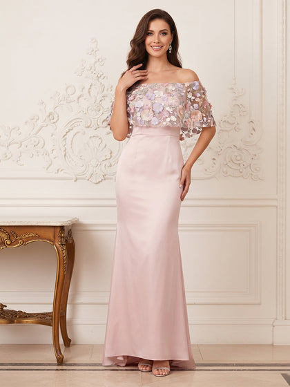 Trompette/Sirène Hors de L'épaule Demi-manches Longueur du sol Robes Mère de la Mariée avec Appliqué & Florale 3D