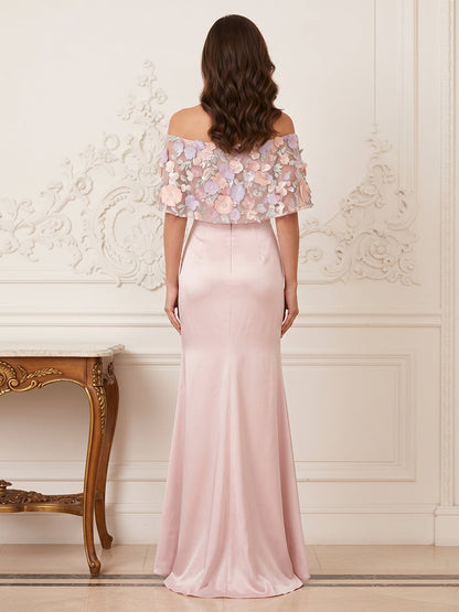Trompette/Sirène Hors de L'épaule Demi-manches Longueur du sol Robes Mère de la Mariée avec Appliqué & Florale 3D