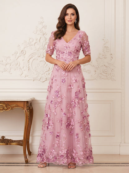 Ligne A/Princesse Manches Courtes Col en V Longueur du sol Robes Mère de la Mariée avec Florale 3D