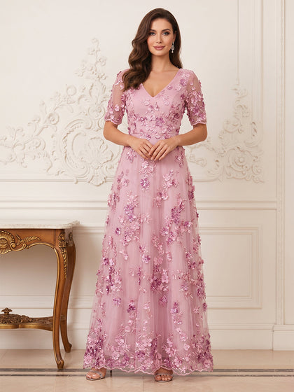 Ligne A/Princesse Manches Courtes Col en V Longueur du sol Robes Mère de la Mariée avec Florale 3D