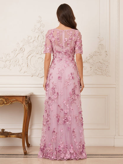 Ligne A/Princesse Manches Courtes Col en V Longueur du sol Robes Mère de la Mariée avec Florale 3D