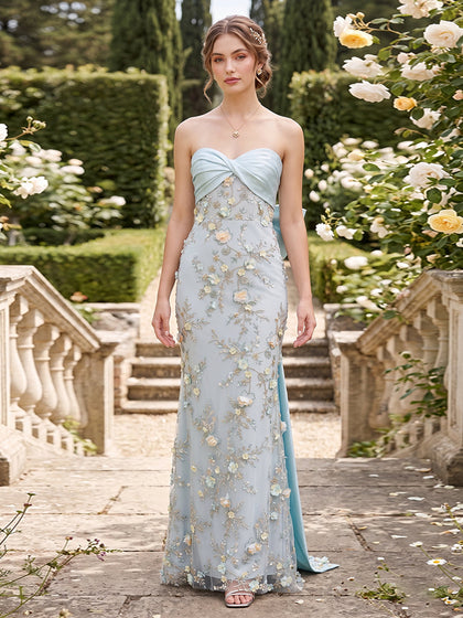 Gaine/Colonne Sans Bretelles Sans Manches Longueur du sol Robes de Soirée avec Noeud Papillon & Florale 3D