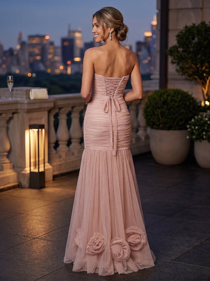 Trompette/Sirène Sans Bretelles Sans Manches Longueur du sol Robes de Soirée avec Florale 3D & Ruchée
