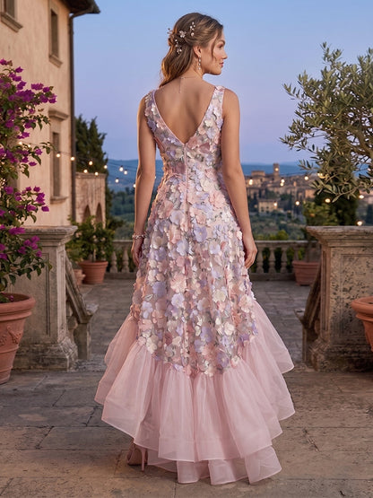 Ligne A/Princesse Col en V Sans Manches Asymétrique Robes de Soirée avec Volants & Florale 3D