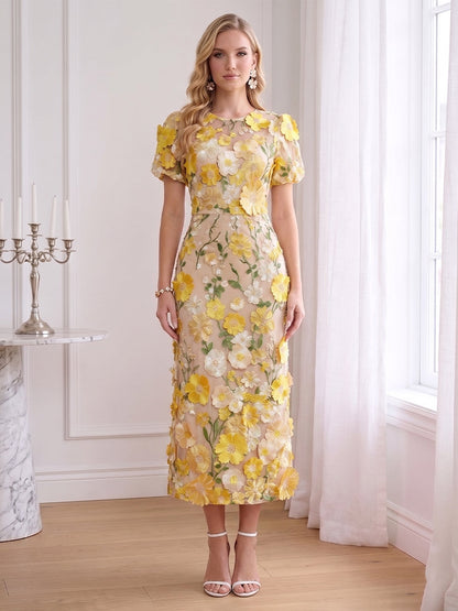 Gaine/Colonne Scoop Manches Courtes Longueur Cheville Robes d'Invité de Mariage avec Broderie & Florale 3D
