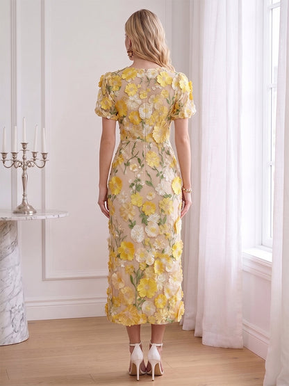 Gaine/Colonne Scoop Manches Courtes Longueur Cheville Robes d'Invité de Mariage avec Broderie & Florale 3D