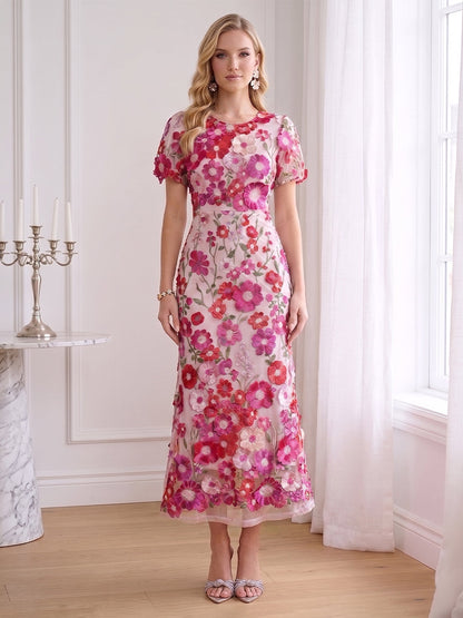 Gaine/Colonne Scoop Manches Courtes Longueur Cheville Robes d'Invité de Mariage avec Broderie & Florale 3D