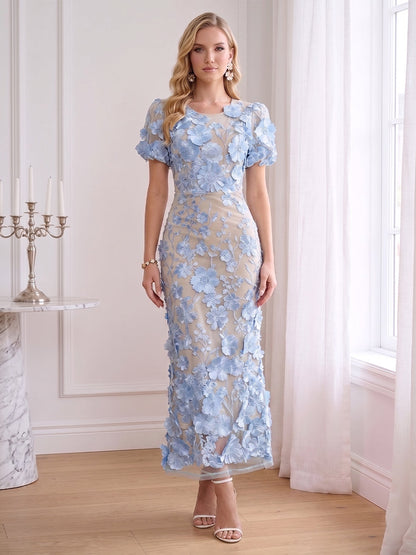 Gaine/Colonne Scoop Manches Courtes Longueur Cheville Robes d'Invité de Mariage avec Broderie & Florale 3D