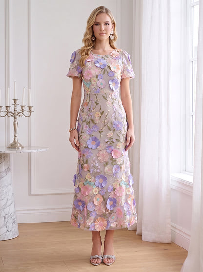 Gaine/Colonne Scoop Manches Courtes Longueur Cheville Robes d'Invité de Mariage avec Broderie & Florale 3D