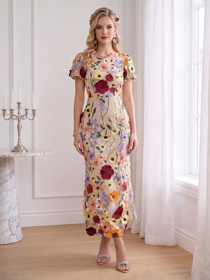 Gaine/Colonne Scoop Manches Courtes Longueur Cheville Robes d'Invité de Mariage avec Broderie & Florale 3D
