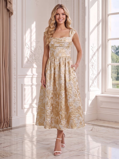 Ligne A/Princesse Col Carré Sans Manches Longueur Thé Robes d'Invité de Mariage avec Appliqué & Ruchée
