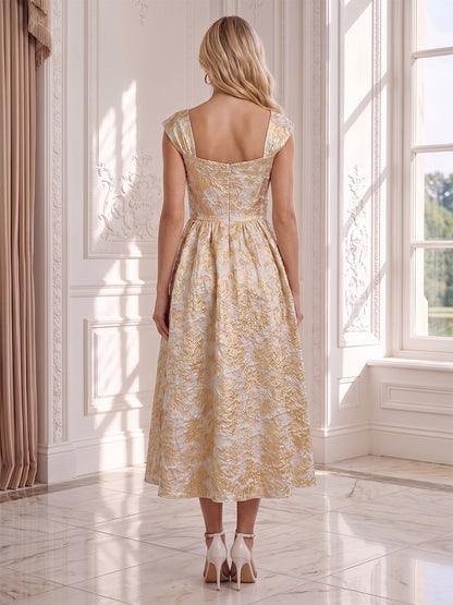 Ligne A/Princesse Col Carré Sans Manches Longueur Thé Robes d'Invité de Mariage avec Appliqué & Ruchée