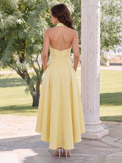 Ligne A/Princesse Licou Sans Manches Asymétrique Robes d'Invité de Mariage avec Noeud Papillon & Ruchée