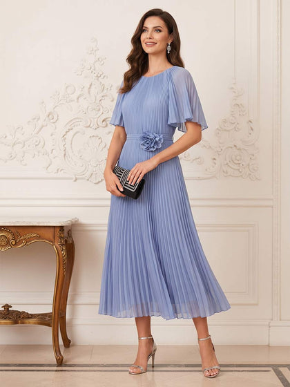 Ligne A/Princesse Manches Courtes Scoop Longueur du Thé Robes Mère de la Mariée avec Florale 3D & Plis