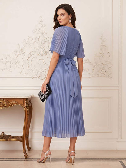 Ligne A/Princesse Manches Courtes Scoop Longueur du Thé Robes Mère de la Mariée avec Florale 3D & Plis