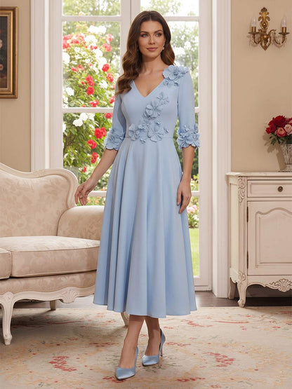 Ligne A/Princesse Col en V Demi-Manches Longueur du Thé Robes Mère de la Mariée avec Florale 3D & Plis