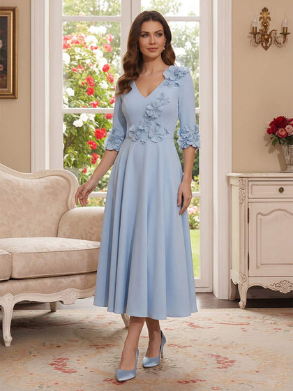 Ligne A/Princesse Col en V Demi-Manches Longueur du Thé Robes Mère de la Mariée avec Florale 3D & Plis