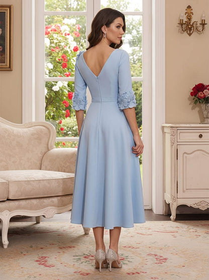 Ligne A/Princesse Col en V Demi-Manches Longueur du Thé Robes Mère de la Mariée avec Florale 3D & Plis