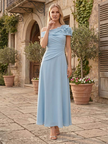 Robe Mère de la Mariée A-Ligne Asymétrique Sans Manches Longueur Cheville avec Fleurs 3D et Plis