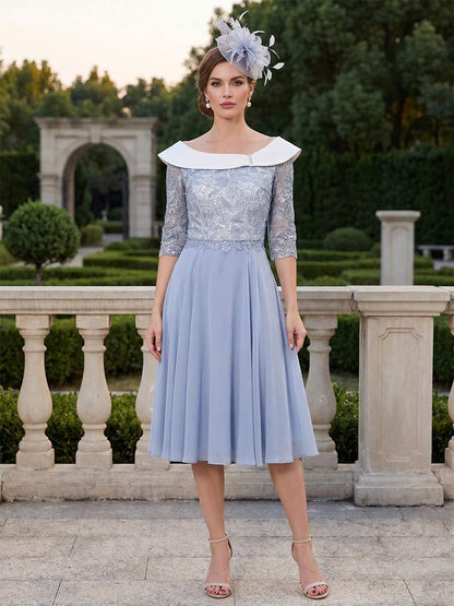 Ligne A/Princesse Demi-manches Scoop Longueur Genou Robes Mère de la Mariée avec Appliqué &  Dentelle