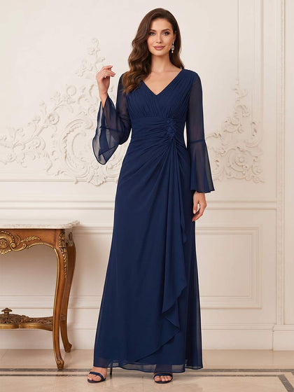 Gaine/Colonne Col en V Manches Longues Longueur au Sol Robes Mère de la Mariée avec Ruchée & Volants