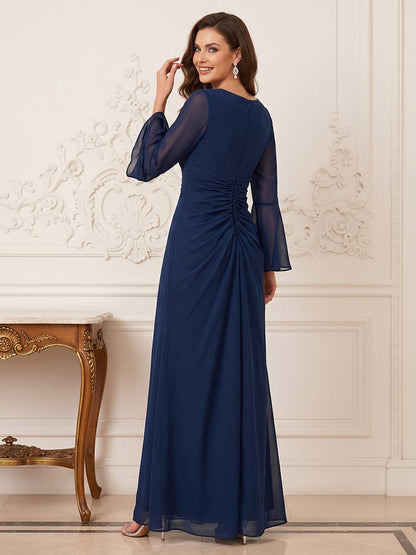 Gaine/Colonne Col en V Manches Longues Longueur au Sol Robes Mère de la Mariée avec Ruchée & Volants