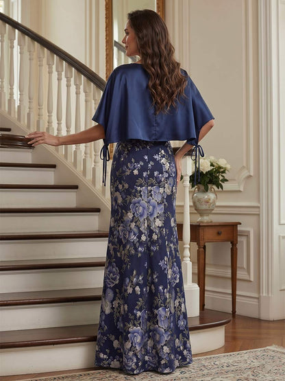 Trompette/Sirène Col en V Demi-manches Longueur au Sol Robes Mère de la Mariée avec Côté Divisé & Cap