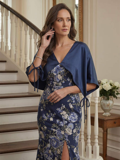 Trompette/Sirène Col en V Demi-manches Longueur au Sol Robes Mère de la Mariée avec Côté Divisé & Cap