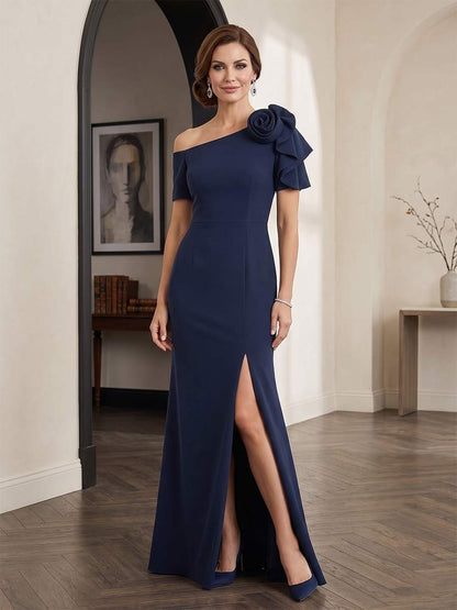 Gaine/Colonne Une épaule Manches Courtes Longueur au Sol Robes Mère de la Mariée avec Côté Divisé & Florale 3D