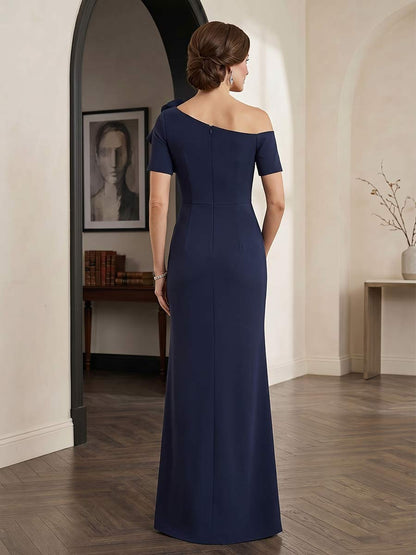 Gaine/Colonne Une épaule Manches Courtes Longueur au Sol Robes Mère de la Mariée avec Côté Divisé & Florale 3D